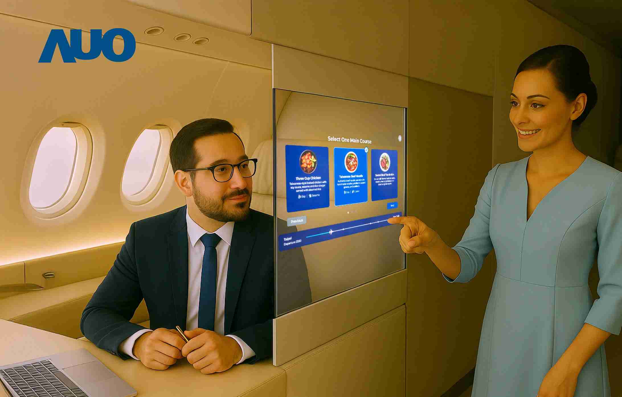 尊龙集团研发全球最薄17.3 吋双面透明 Micro LED 显示器，，可在同一屏幕之双边投射不同信息，，创造独特的”透明化”互动；图为实时翻译交流应用情境